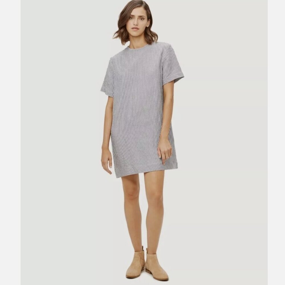 Jenni Kayne Blue and White Striped Short Sleeve Linen T-Shirt Shift Dress Small